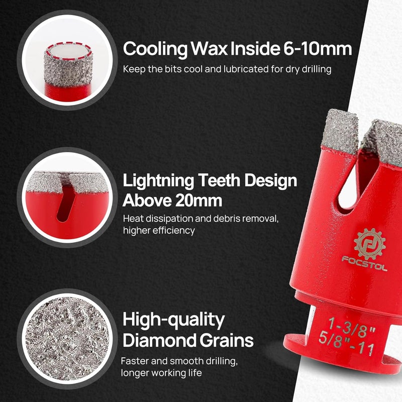 FOCSTOL Diamond Core Drill Bit Set - 7pcs (6/8/20/35mm+10mm Finger Milling Bit+35mm Beveling Chamfer Bit+HEX) Diamond Hole Saw Kit for Porcelain Ceramic Tile Marble Granite - Image 3
